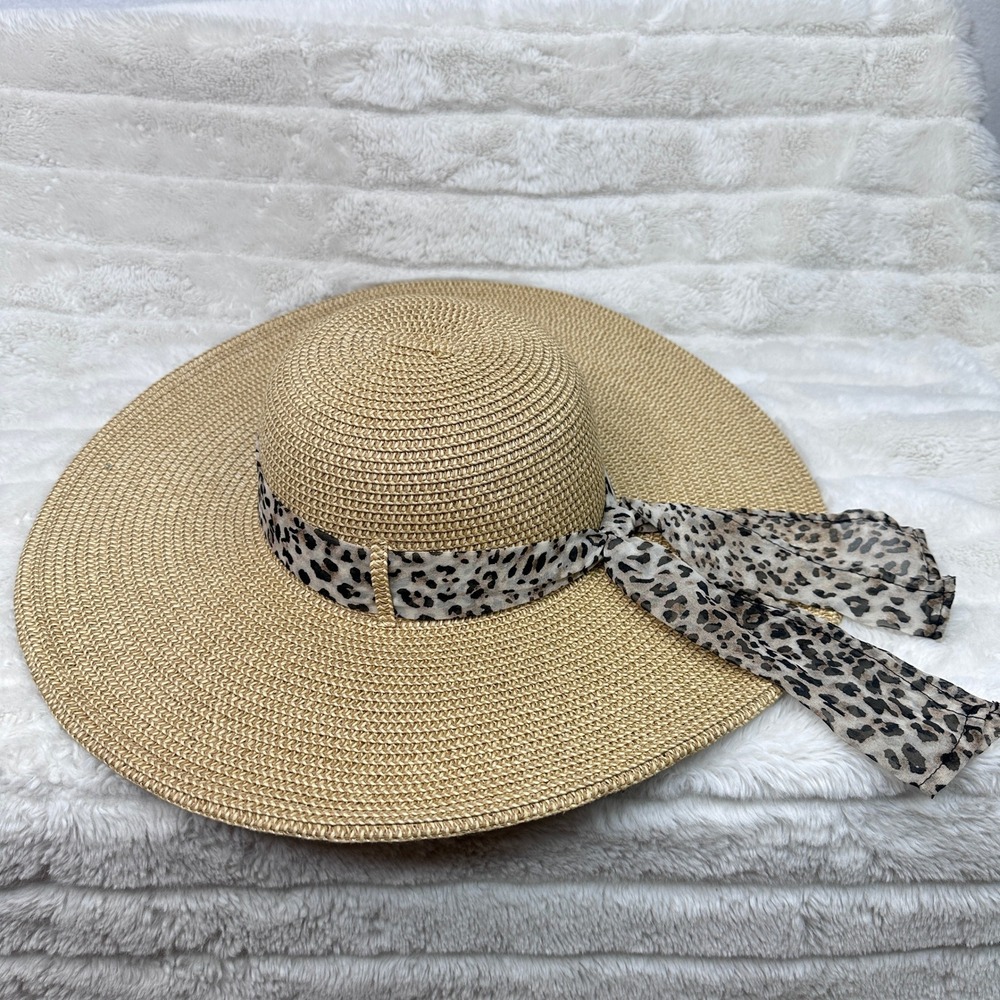 Lids Straw Sun Hat Womens OSFM Tan Excellent Leopard Print‎ Scarf Wide Brim